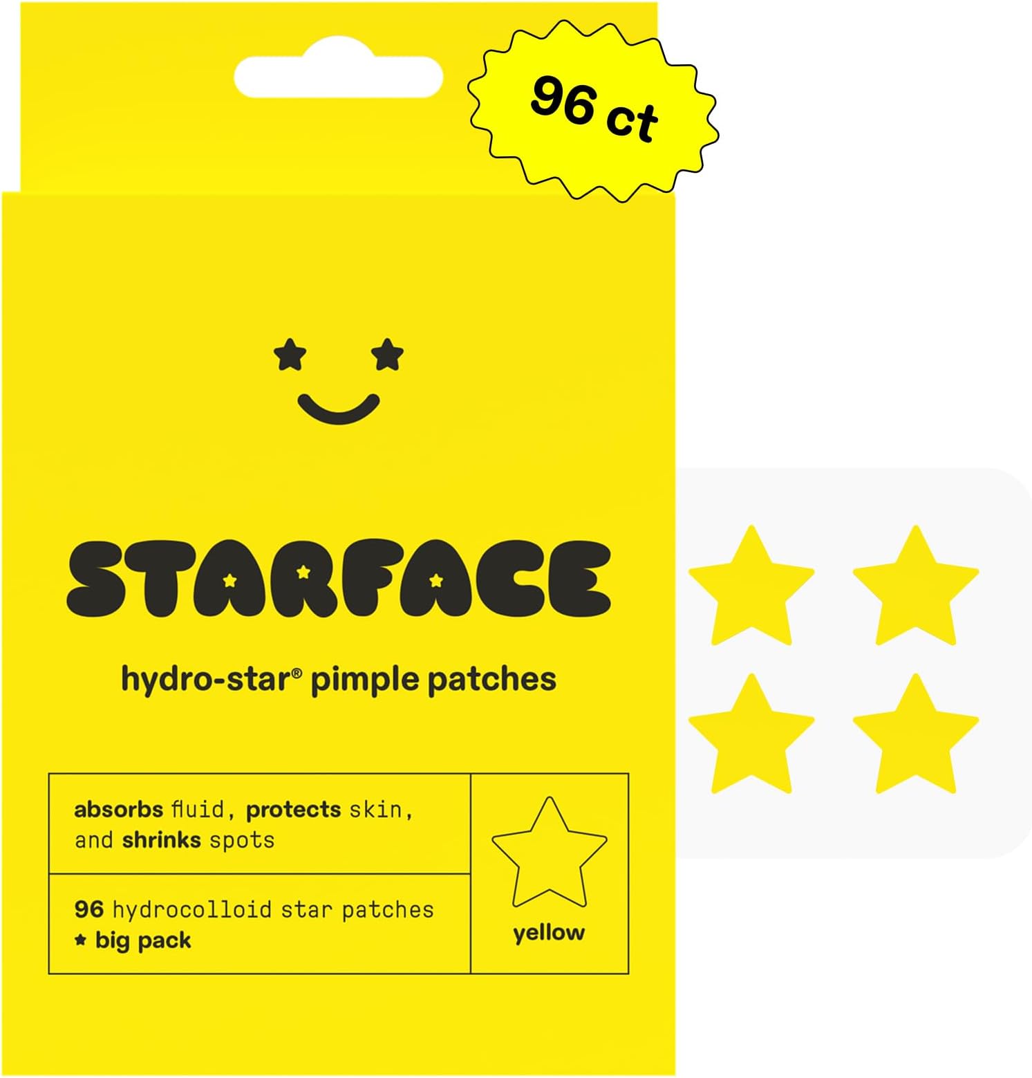 Starface Hydro-Star Yellow Pimple Patches BIG PACK, Hydrocolloid, Clinically Proven Spot Shrinking in 6 Hours, Absorb Fluid and Reduce Redness, Vegan and Cruelty-Free Skincare (96 Count)