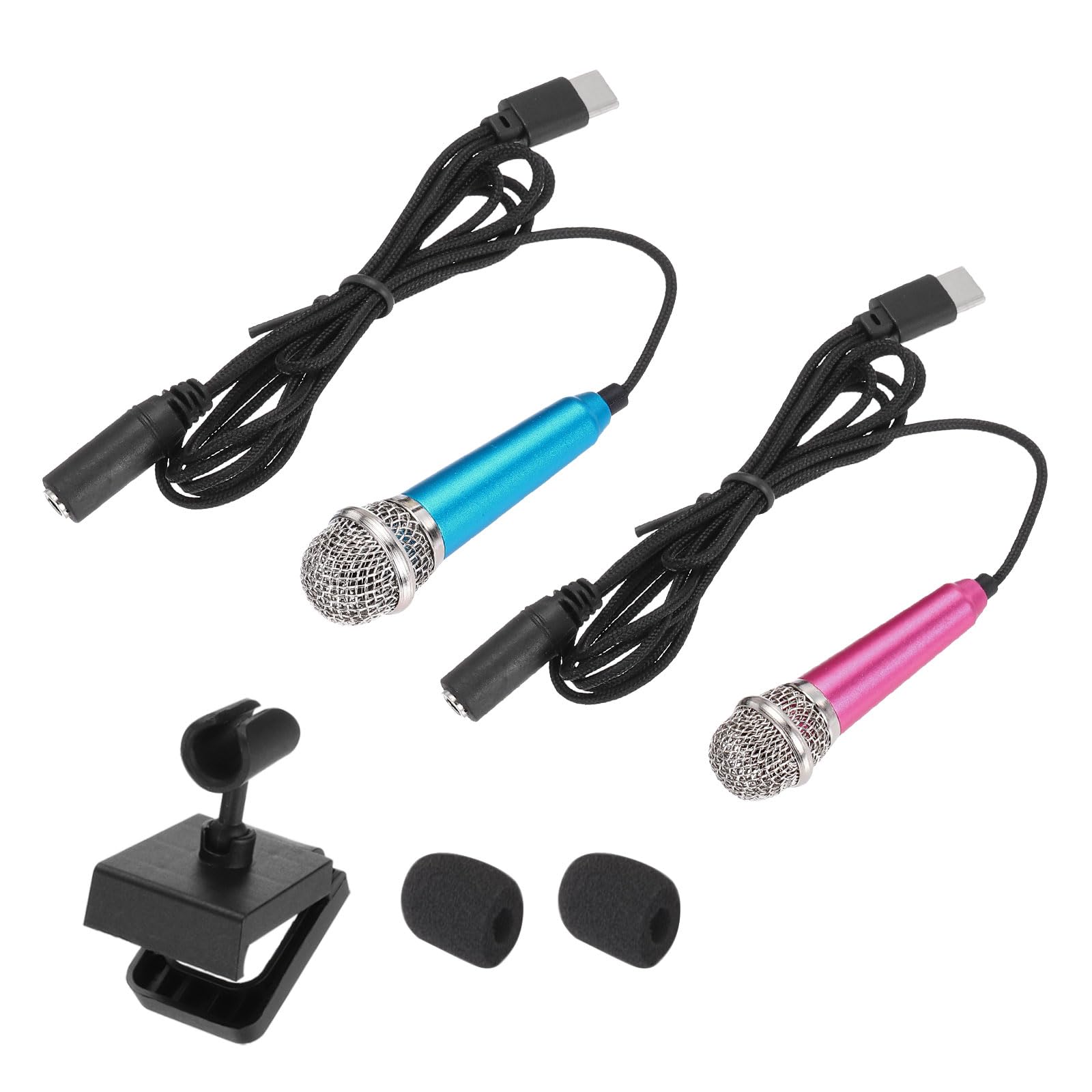 MECCANIXITY 2 Pcs Mini Microphone, Mini Mic Tiny Microphone Phone Type C Mic Small Microphone with Bracket, Sponge Cover for Record Phone Voice, Blue/Hot Pink