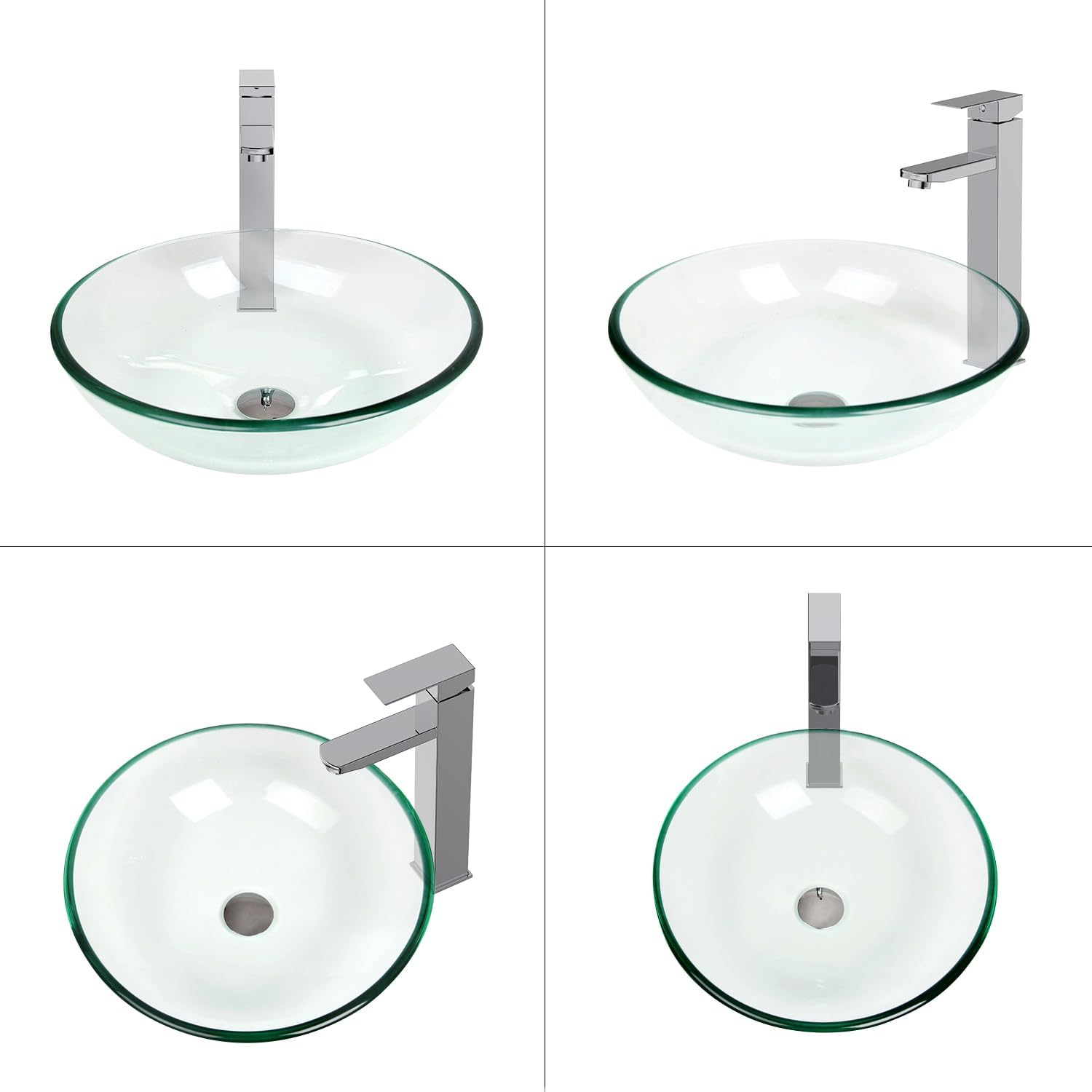 Bathroom Vessel Sink, Tempered Glass Vanity Round Bowl with Chrome Faucet and Pop up drain Set, Clear