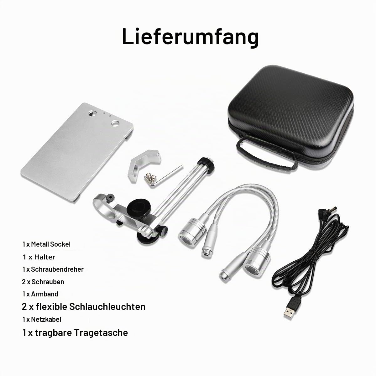 Jiusion Ständer mit 2 Lampen aus Aluminiumlegierung, universell verstellbar, professioneller Standhalter, Tischhalterung für max. 3,5cm Durchmesser USB-Digital-Mikroskop-Lupe, Lupe Kamera