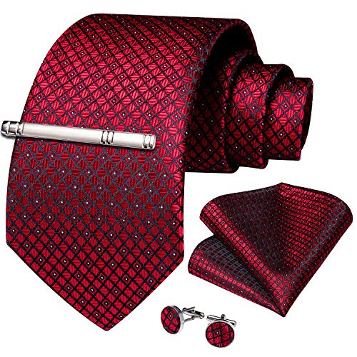 DiBanGu Mens Formal Red Plaid Checks Necktie Pocket Square Cufflinks Tie Clip Set Silk Wedding Ties