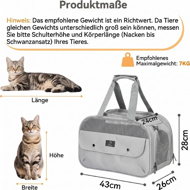 A 4 PET Transportbox Katze, Hundetasche Flugzeug für Kabine/Auto, Leicht Hunde Flugtasche mit patentieren Sicherheit Schnallen/4 Mesh/Aufbewahrungstasche, Grau