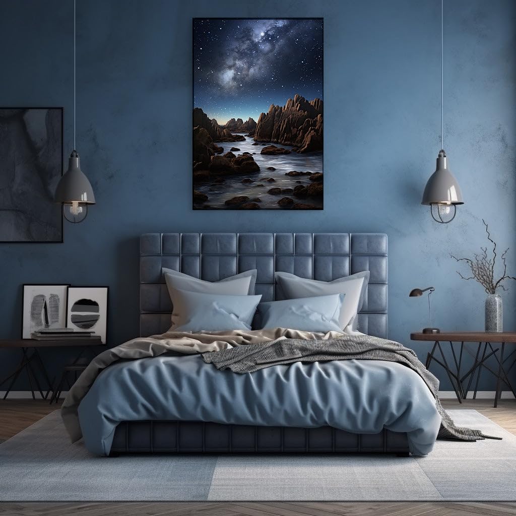 Canvas for Living room. Starry Splendor Above, Tranquil Waters Below - A Night of Cosmic Beauty and Earthly Serenity, 27 x 18 inch Canvas Wall Art - Contemporary Masterpieces - Space Wall Decor