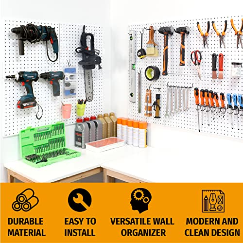 Image of HUHOLE Metal Pegboard Wall Organizer 80cm X 80cm 4PC | 300 lb Capacity Steel Pegboard Panels with 30 Hooks for Garage, Gaming Setup, Craft Room and Workshop
