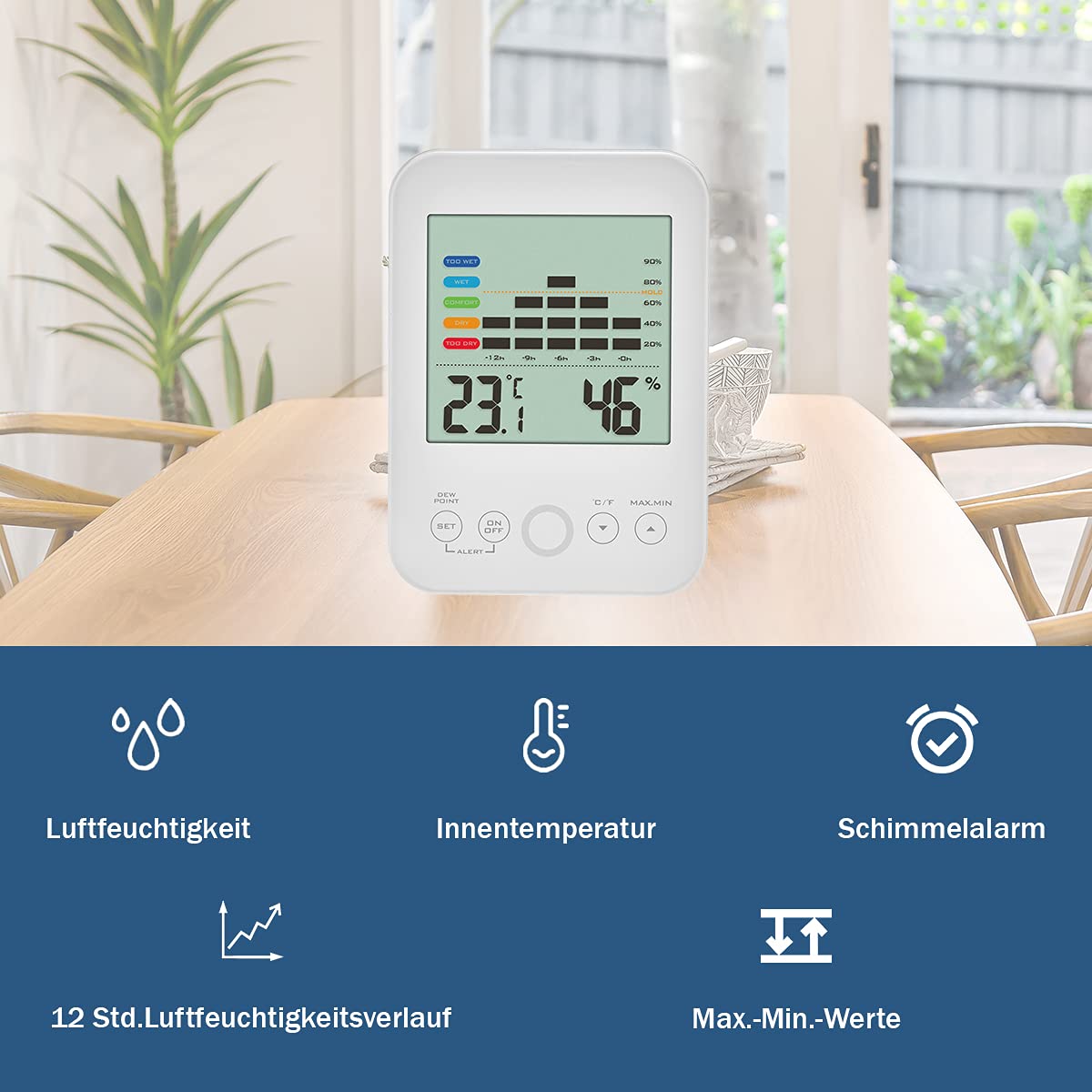 TFA Dostmann Termohigrometr cyfrowy wewnątrz, 30.5046.02, funkcja Max-Min, 12-godzinny przepływ powietrza, alarm w przypadku wystąpienia pleśni, biały