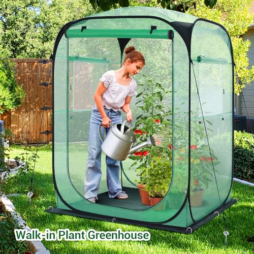 Ohuhu Pop Up Greenhouse for Outdoors, Portable Walk-in Mini Green House with Removable PE Mat & Mesh Window Fast Set-up GreenHouses for Indoor Outside Protecting Plant from Cold Frost & Birds by Ohuhu - Image 6