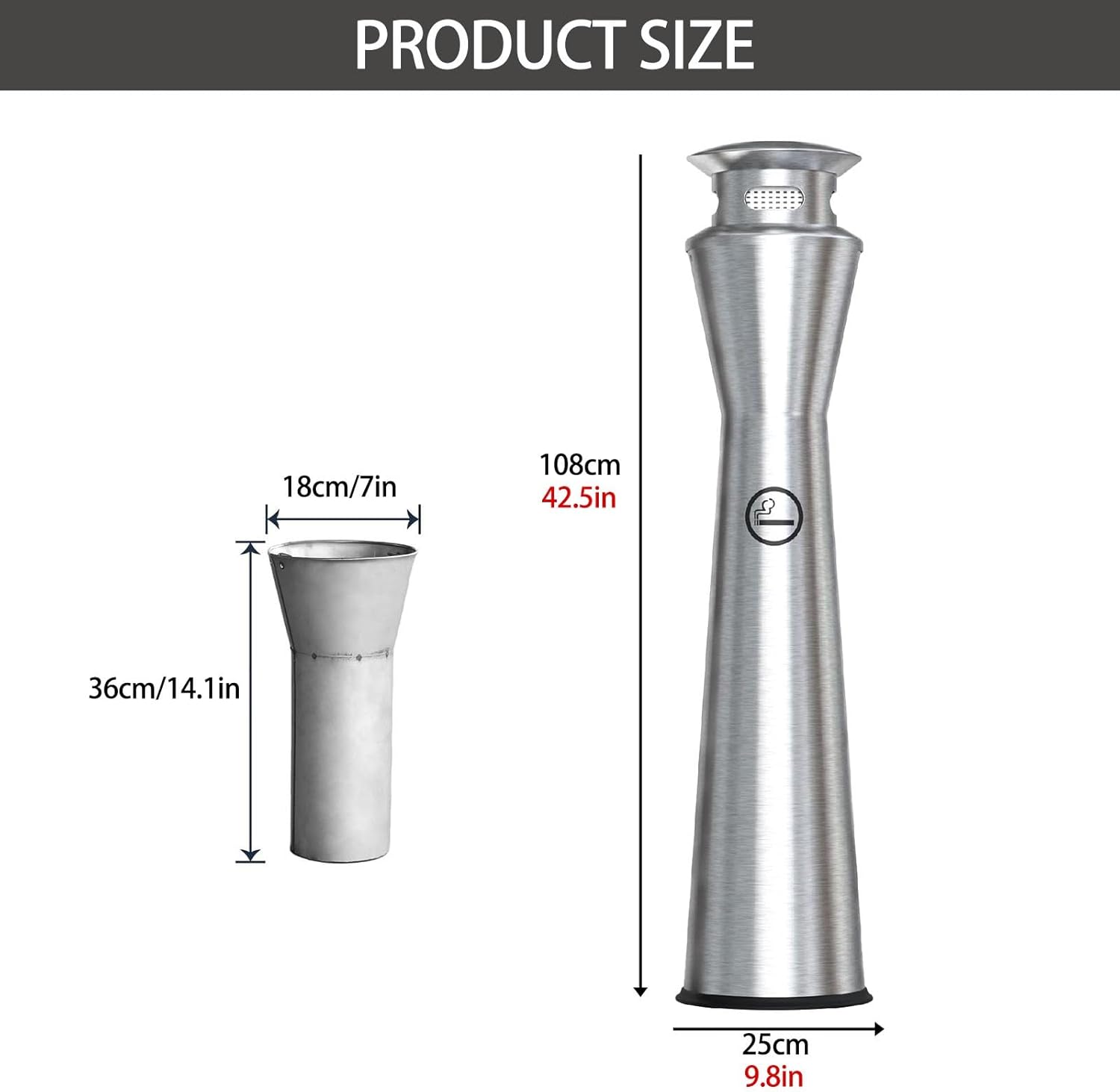 standing ashtray,Outdoor Cigarette Butt Collector,Stainless Steel Floor Standing Ashtray with Inner Bucket, Large Capacity Vertical Trash Cans for Patio, Deck, Garden