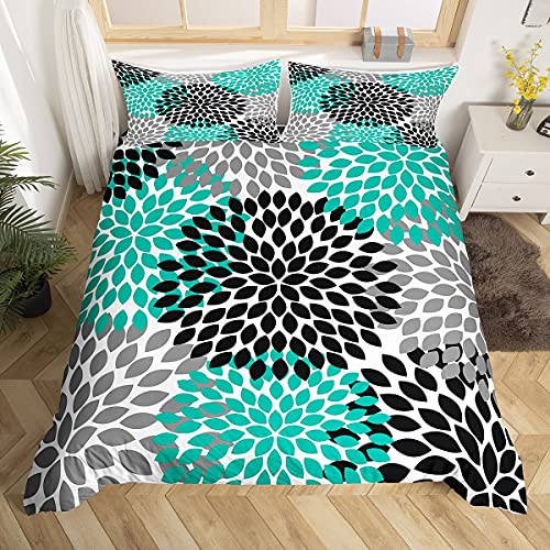 Turquoise Bedding Sets Dahlia Flowers Comforter Cover Florals Watercolor Duvet Cover Set For Kids Girls Women Abstract Art Bedspreads Cover With 2 Pillow Cases Bedroom Decor Queen Size Grey Black #TOP2