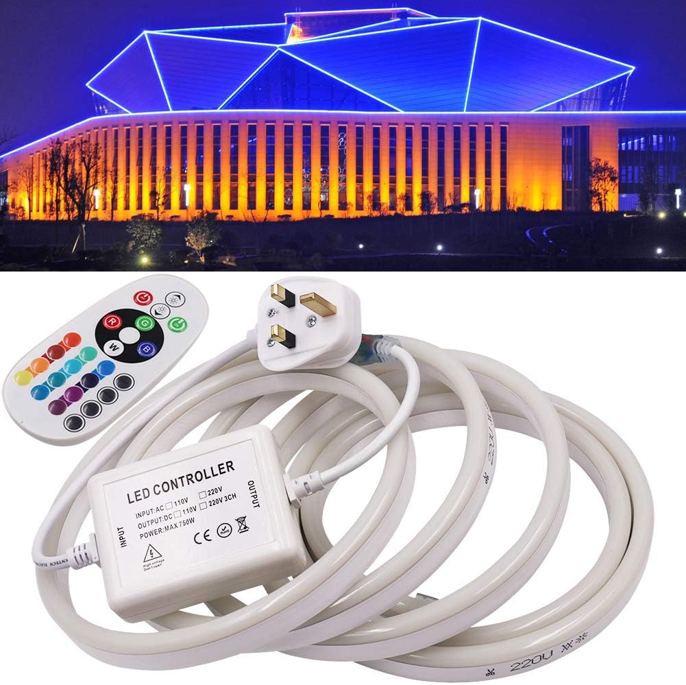 2m Flexible Neon RGB LED Strip with Remote Controller UK Plug, 220V 5050 60LEDs/m Dimmable Rope Light KIt Waterproof Indoor Outside Garden Festival Decoration