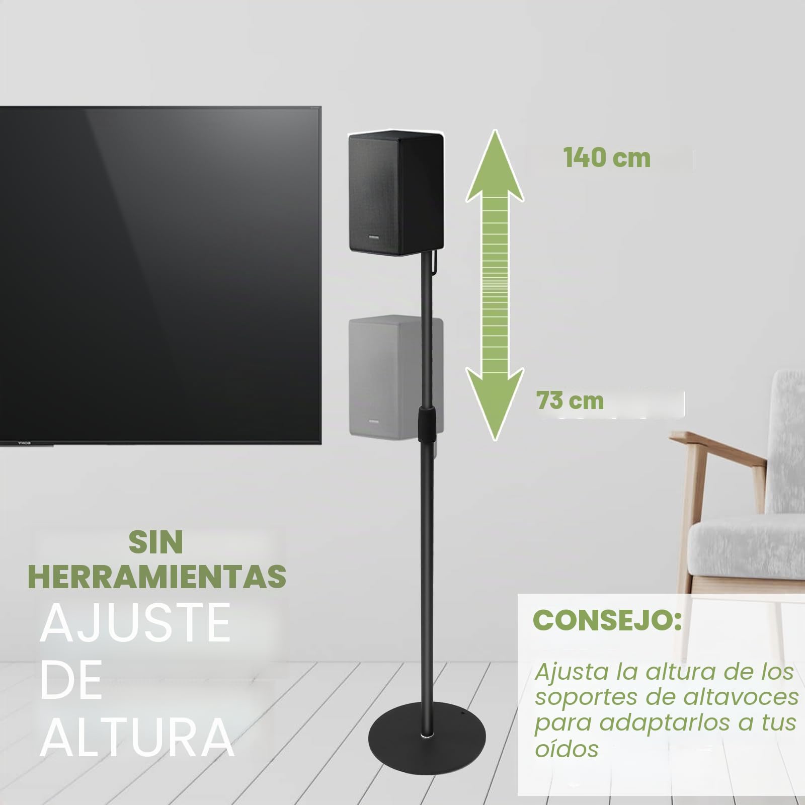 Soporte Altavoces Suelo para Altavoces de hasta 73-140 cm, Altura Ajustable, Juego de 2，Soporte de Suelo con Cable para Satélites de hasta 5KG