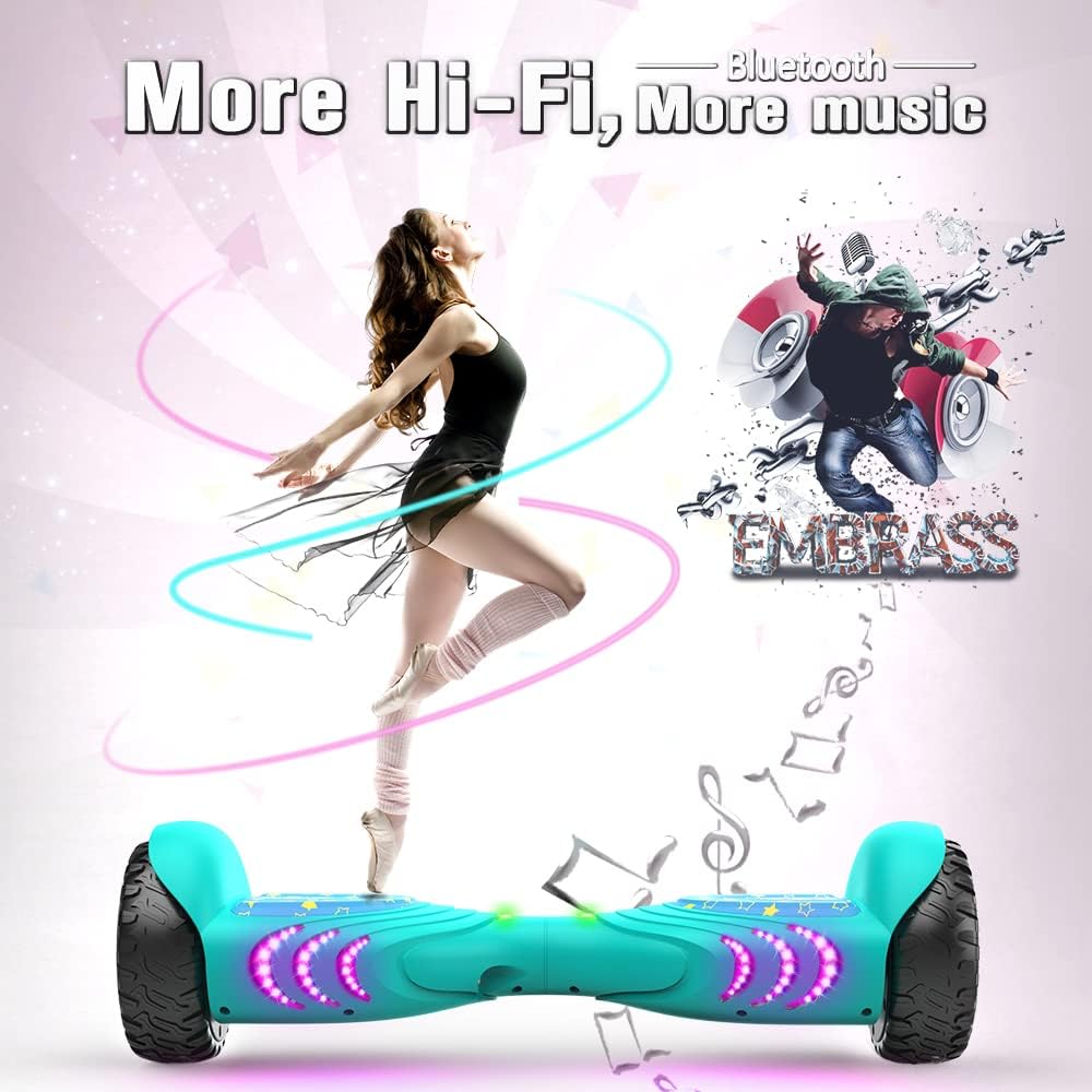 TOMOLOO Hoverboards for Kids Ages 6-12, 6.5" Two-Wheel All Terrain Off Road Hoverboard for Adults Hover Board All Terrain Bluetooth and LED with Music Speaker- Colorful RGB Light