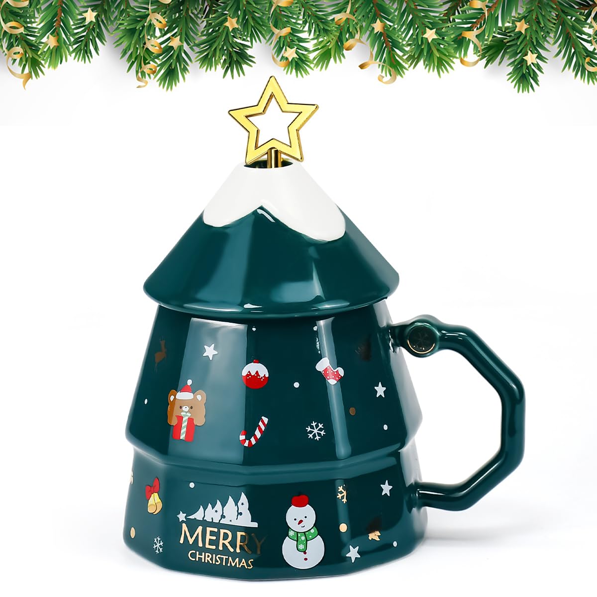 OKUYANChristmas Coffee Mug Christmas Ceramic Mug with Lid and Stir Stick 350ml Christmas Tree Shaped Coffee Mugs Festival Cute Xmas Mugs Lovely Christmas Tea Cups for Parents Children Friends Gift