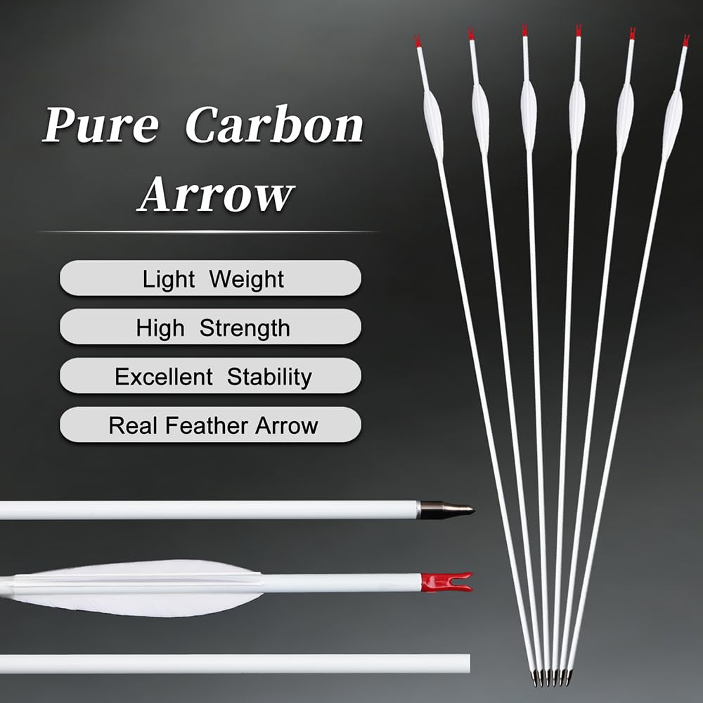 12 pz Tiro con Arco Flechas de Caza Spine 500 600 700 800 Flecha de Carbono-Puro 4" Pluma Natural Blanca para Arco Compuesto/Recurvo Práctica de Tiro y Caza