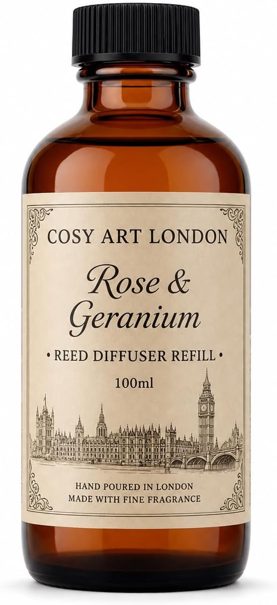 Rose & Geranium Reed Diffuser Refill | 100ml of Pure Essential Oils | Handmade, Cruelty-Free, Long-Lasting Aroma | Luxurious Home Fragrance by Cosy Art