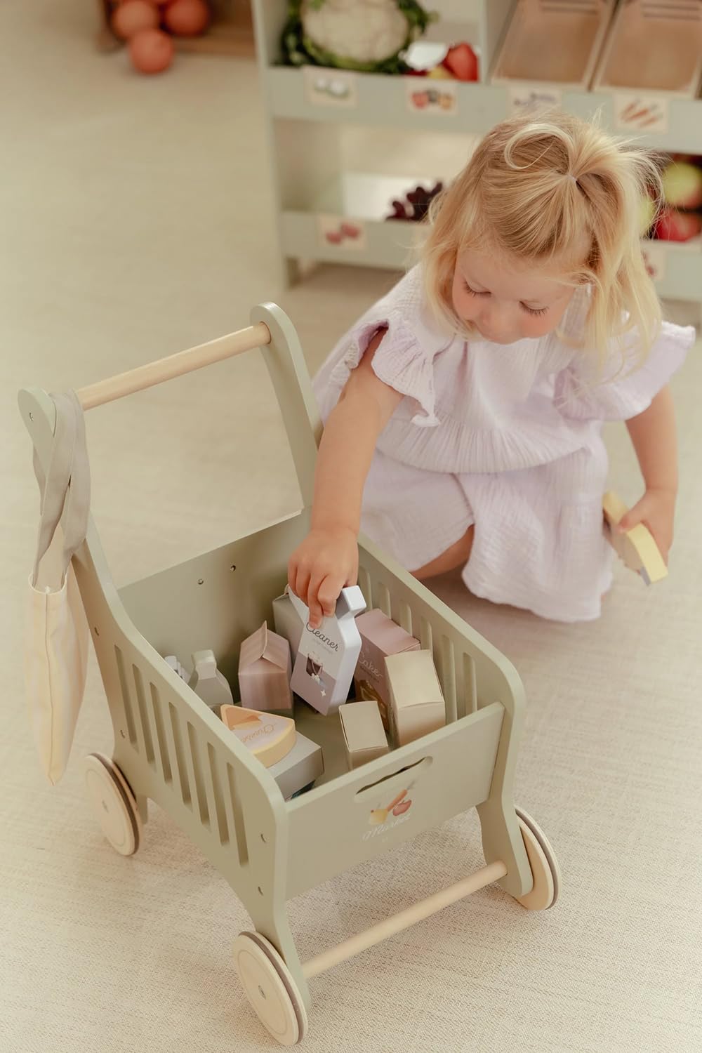 Little Dutch Einkaufswagen inkl. Einkaufstasche und Lebensmitteln aus Holz für Kinder - Mint