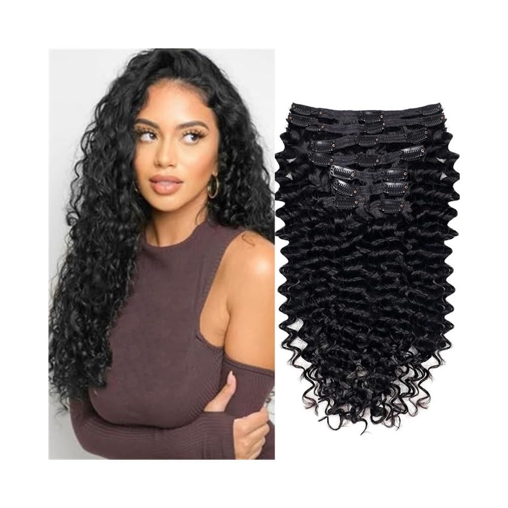 Przedłużanie włosów Włosy kręcone Deep Wave Clip Ins na całą głowę, 100% brazylijskie włosy ludzkie Remy, 8 szt. z 18 klipsami #1b(20inches,240g)