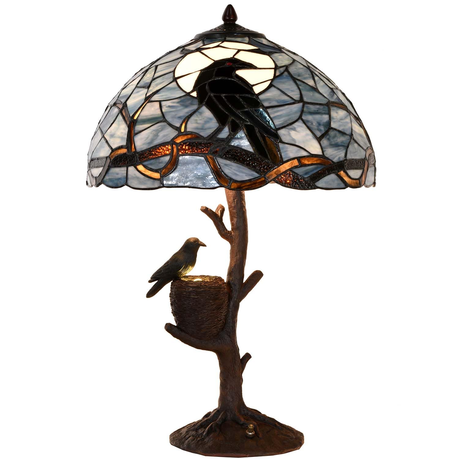 Bieye L10968 Raven Sitting on Bare Tree Branch in Full Moon Night Tiffany Style Stained Glass Table Lamp for Home Decor (Dark Blue, 16Wx24H Nest)