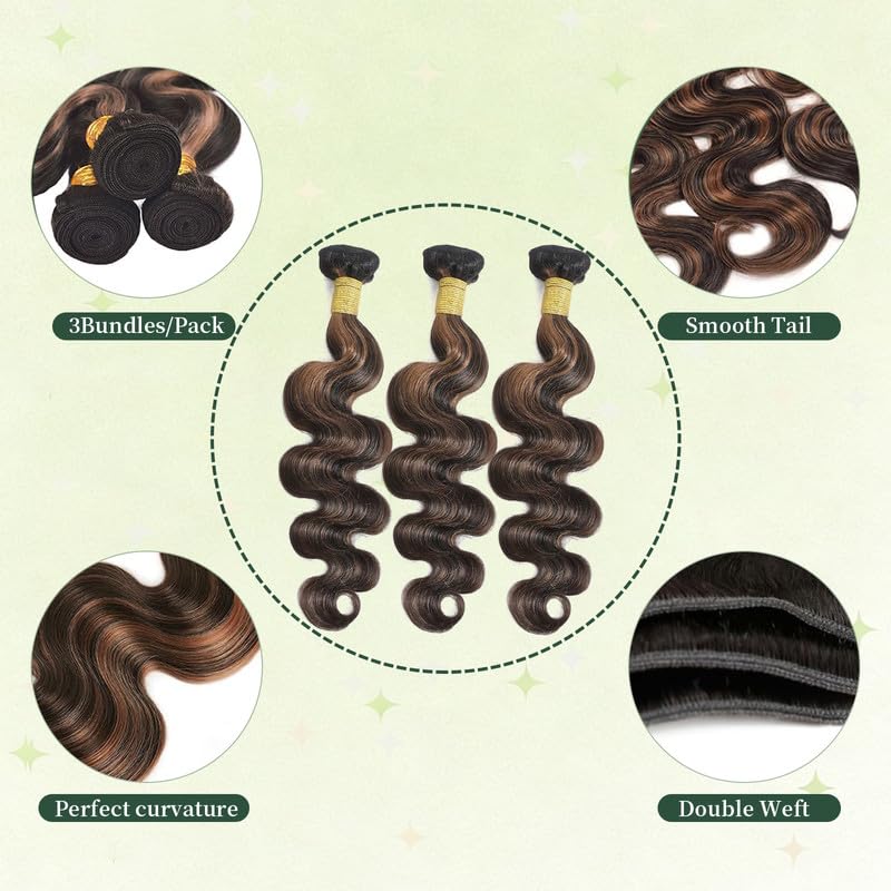 Brown Highlight Bundles Human Hair 18 20 22Inch Light Brown Water Wave Bundles Brazilian Virgin Hair Weave 3Bundles Hair Deal（Black and Brown，#p1b/30）