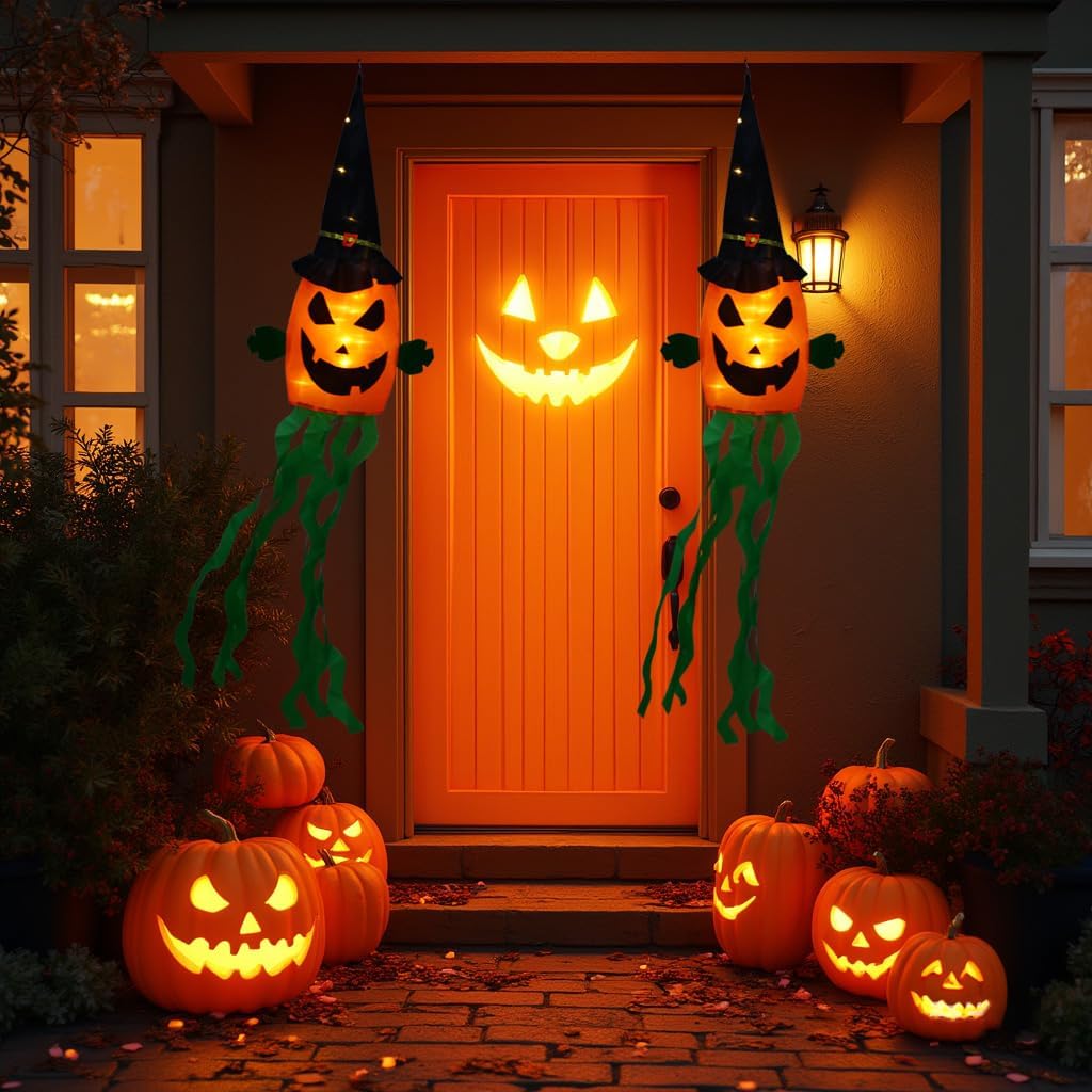 2 Pack Halloween Jack-O-Lantern Windsock Flag, 51.2 inches Glow in Dark Halloween Hanging Decor for Porch Yard Patio Garden Pathway Party Decoration