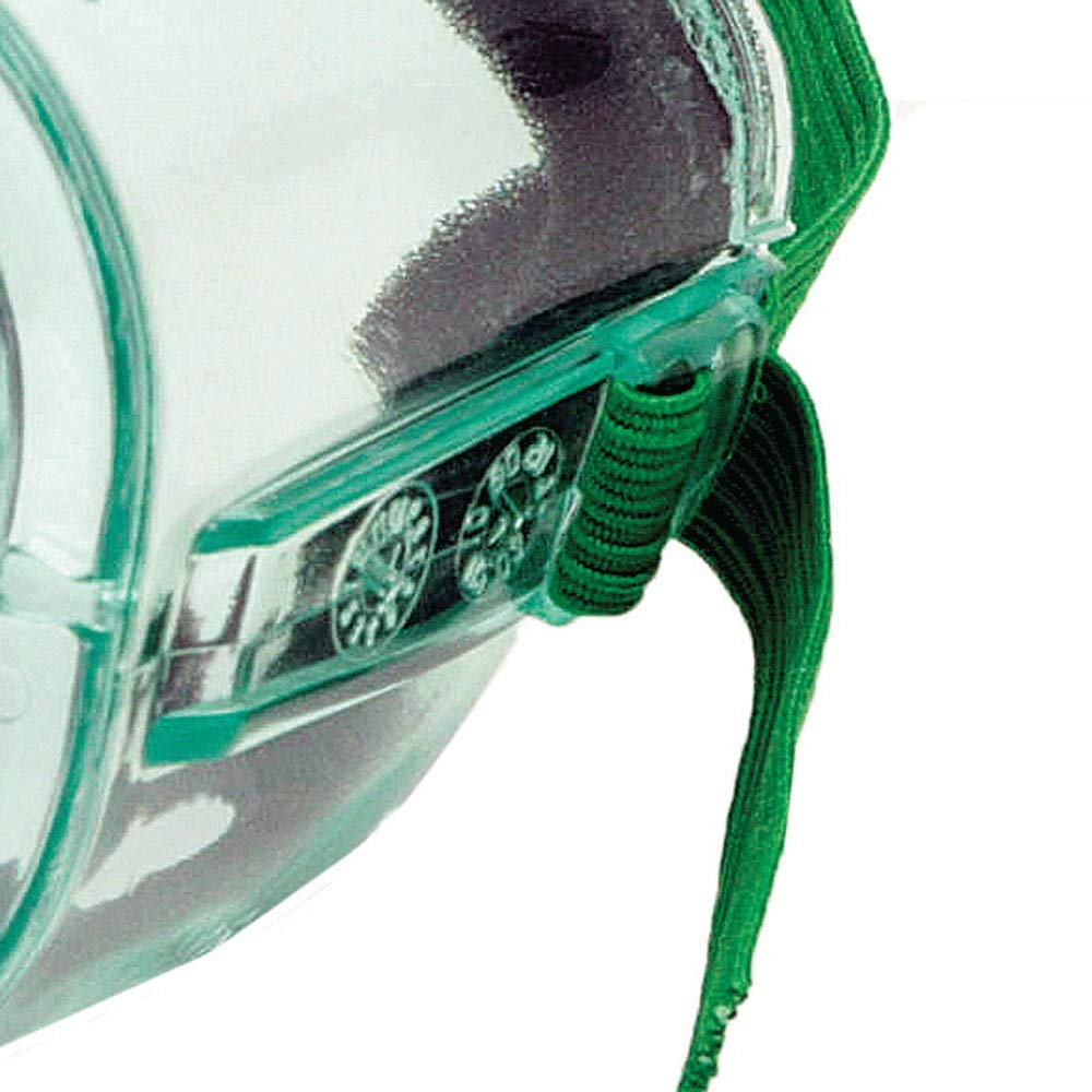 Sellstrom S81310 - Gafas de seguridad flexibles, suaves, con ventilación directa, cuerpo tintado verde, revestimiento antivaho, lente transparente, correa ajustable negra, correa ajustable