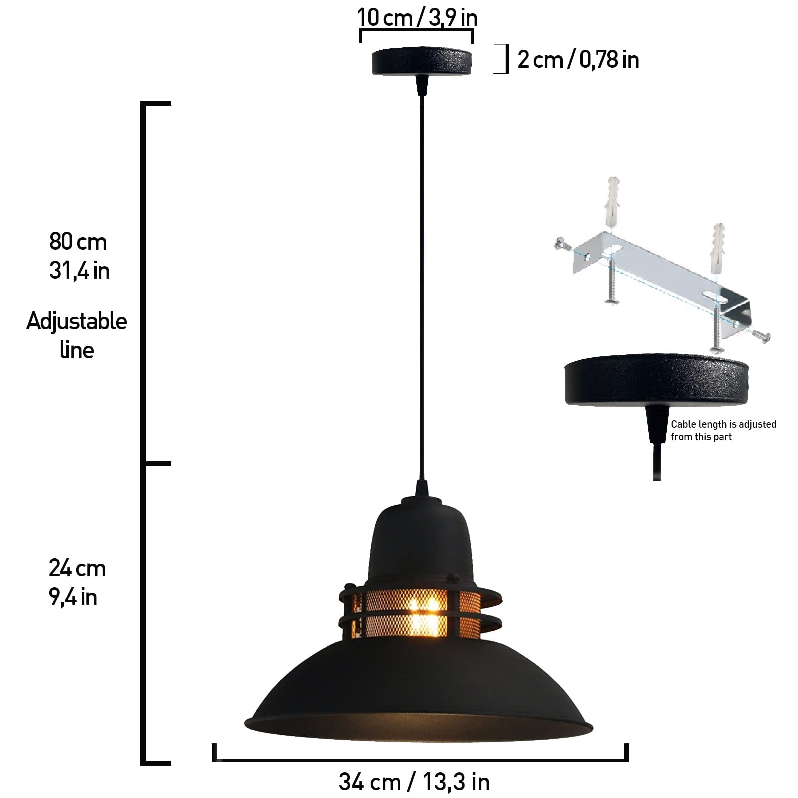 bamyum Suspension Luminaire Industrielle, Lustre Salon de 34 cm, Lustre Cuisine en Métal, Vintage Lampe de Chambre, Salle à Manger, Couloir, Lampe à Suspension Industrielle, Plafond Noir Mat