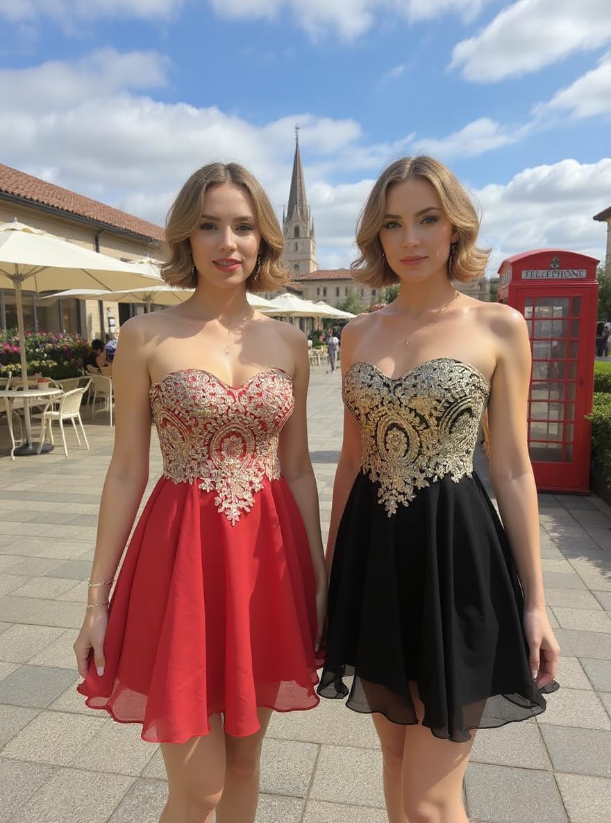 Babyonline Junior's Gold Lace Applique Short Quinceanera Homecoming Dresses