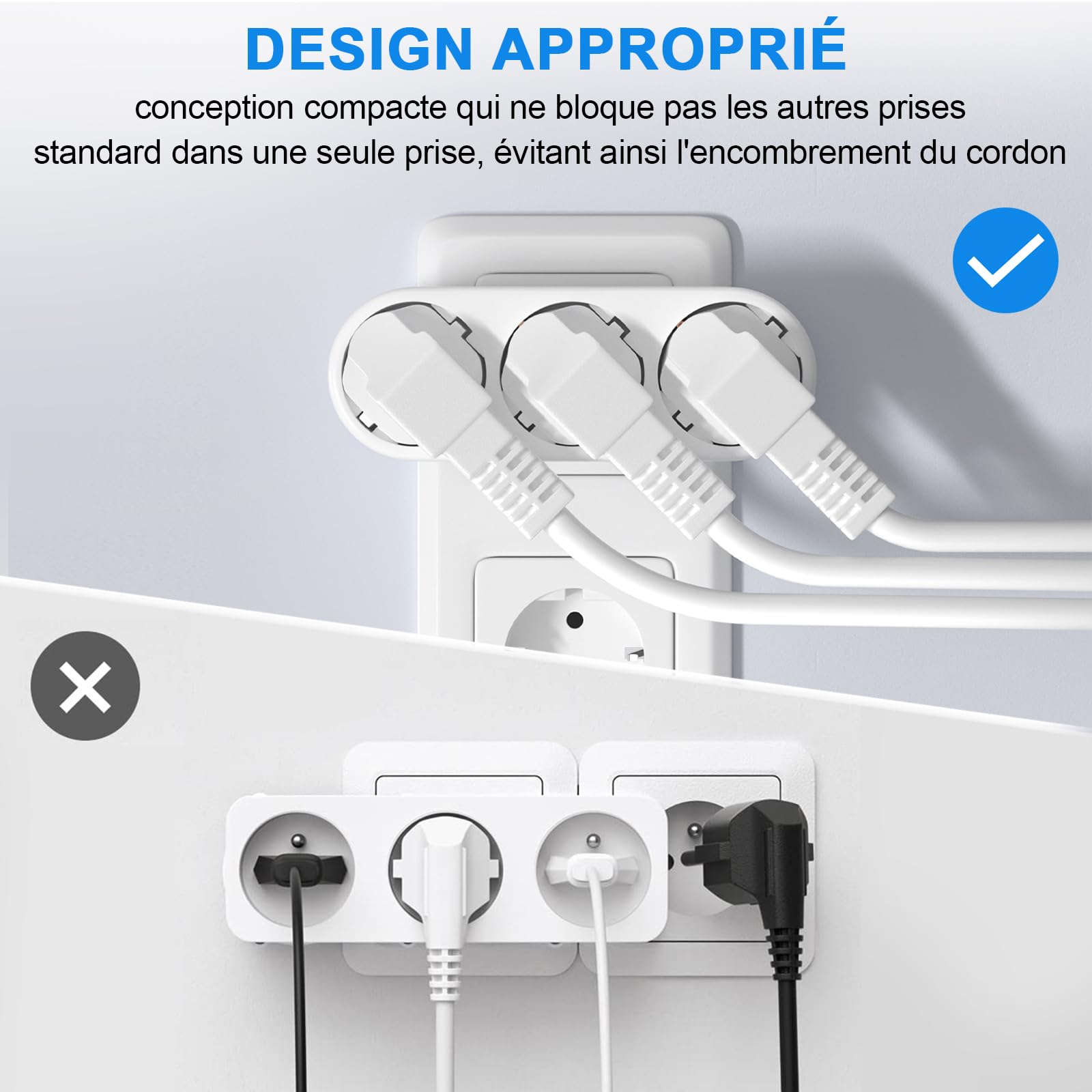 3 Prise de Courant,Blanc Distributeur de Prise N,Portable Multiple Prise,Petit Distributeur de Prise,pour la Maison,Bureaux,Hôtels,Voyages,AC220-250V