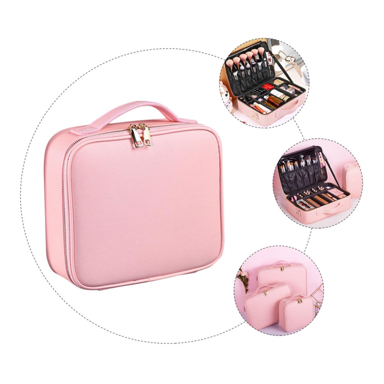 Borsa Cosmetica Grande in Pelle Pu Rosa con Divisori Regolabili | Organizer da Viaggio, Chiusura a Zip, Scomparti Rimovibili e Regolabili per Manicure e Truccatori Professionisti