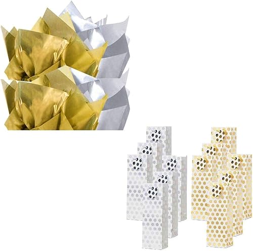 Miniatura 1 de UNIQOOO Paquete de 12 bolsas de regalo con etiqueta y 60 hojas de papel de seda metálico dorado y plateado