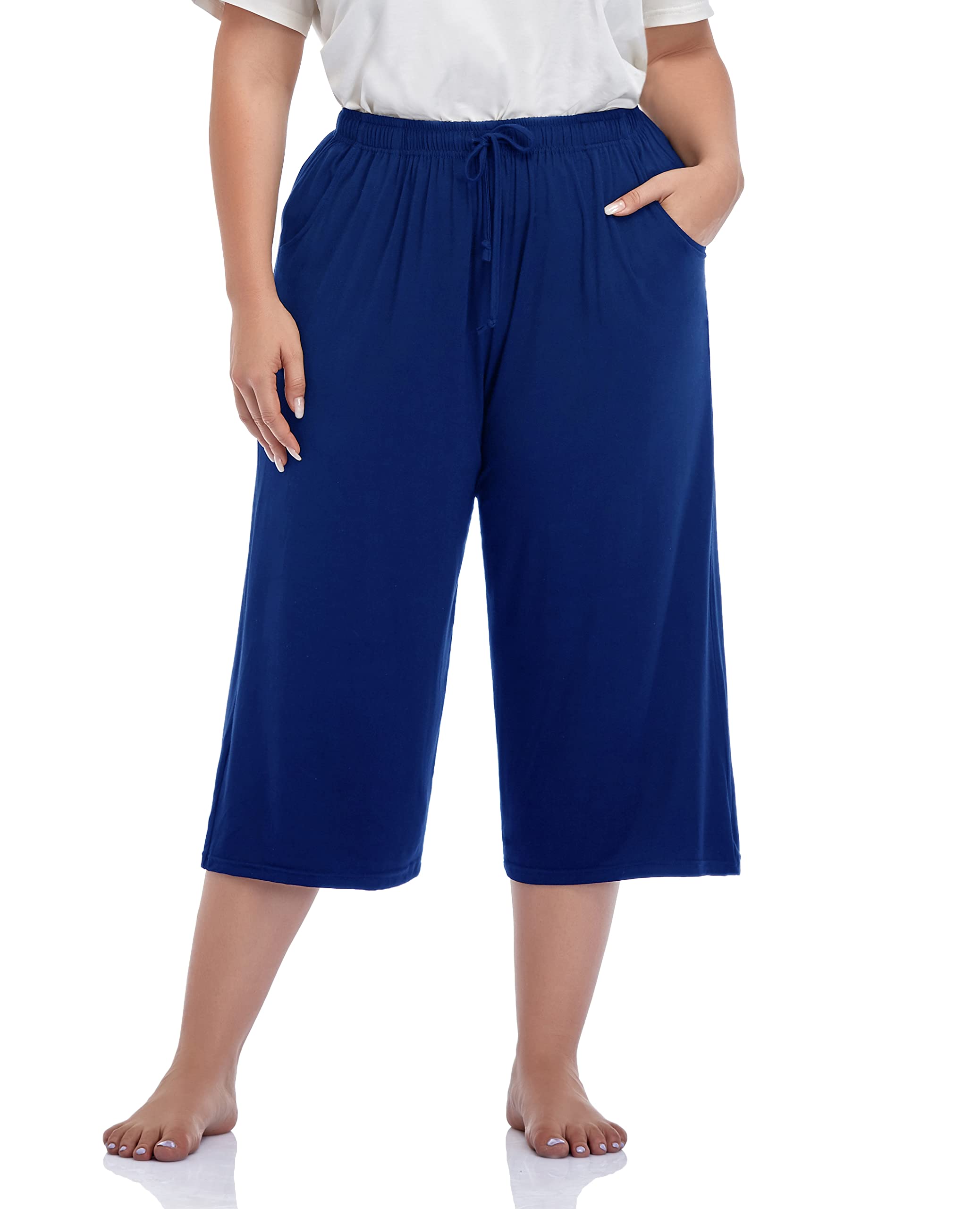 ZERDOCEANWomen's Plus Size Wide Leg Casual Lounge Pants Comfy Capris Relaxed Pajama Bottoms Drawstring Pockets