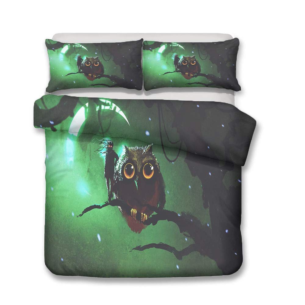 Housse de couette avec fermeture à glissière parure de lit hibou 3D en microfibre unie