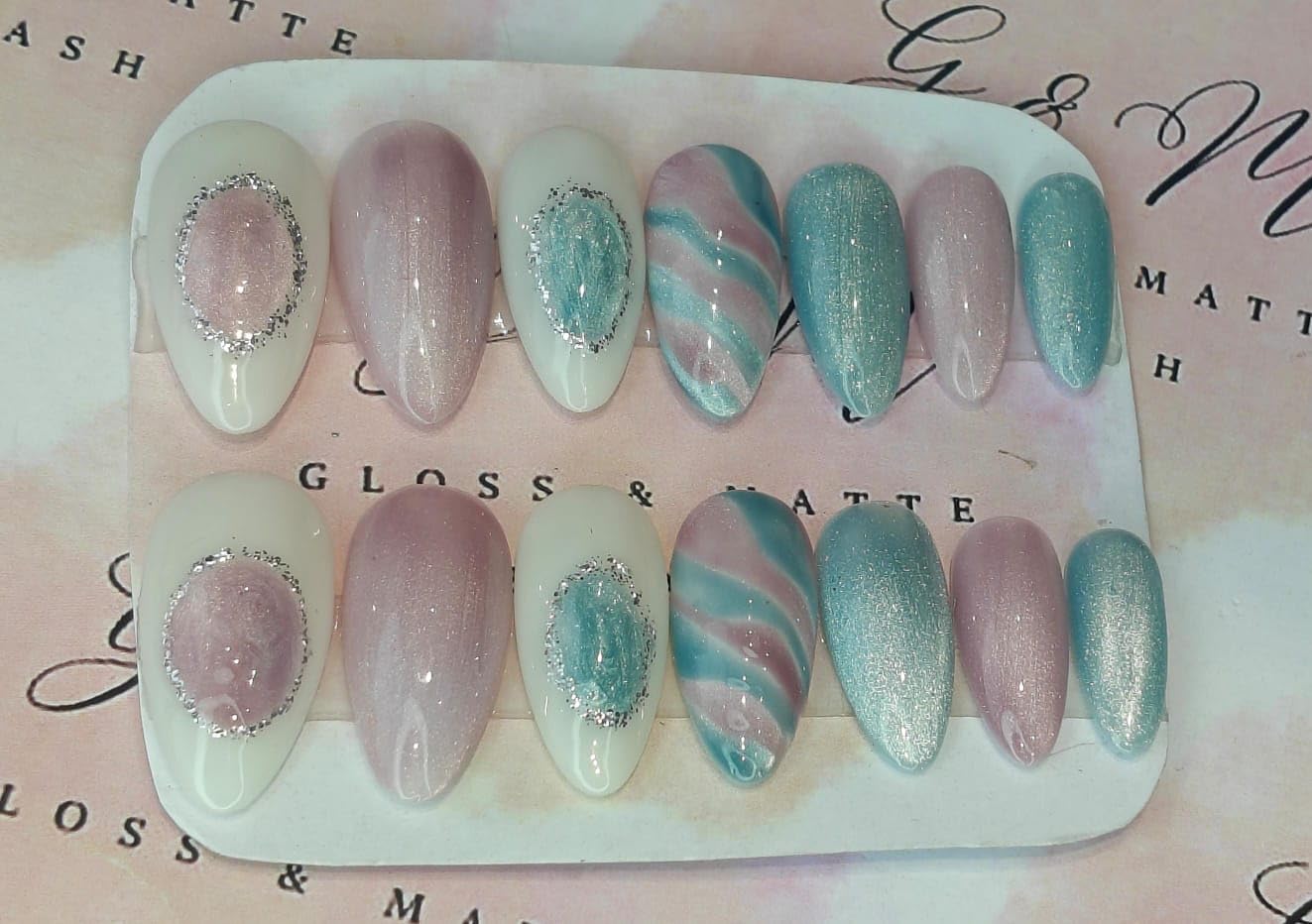 Gloss & Matte Press on Nails, Almond Shape,Candy Pink and Teal Marble with Silver Glitter, Handmade Nail Art-image-15