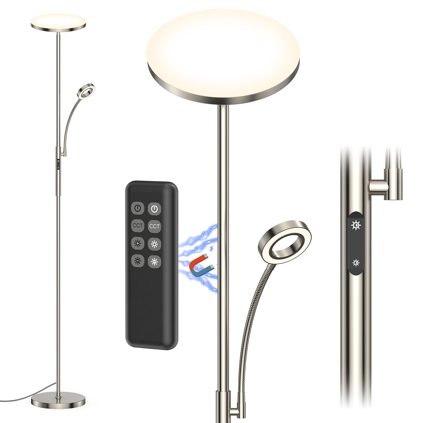 Lampara de Pie LED Salón Regulable, 4200LM 35W Lámpara de Pie Moderna con Lámpara de Lectura Ajustable, 3000K-6000K Lamparas LED con Control Remoto, Táctil y Función Memoria para Dormitorio, Oficina