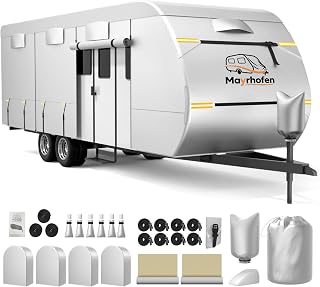 600D Oxford Fabric RV Cover 24-27ft Travel Trailer Cover, 6 Layers Waterproof Rip-Resistant Anti-UV Motorhome Camper Cover with Tongue Jack Protection, Tire Covers, Windproof Straps