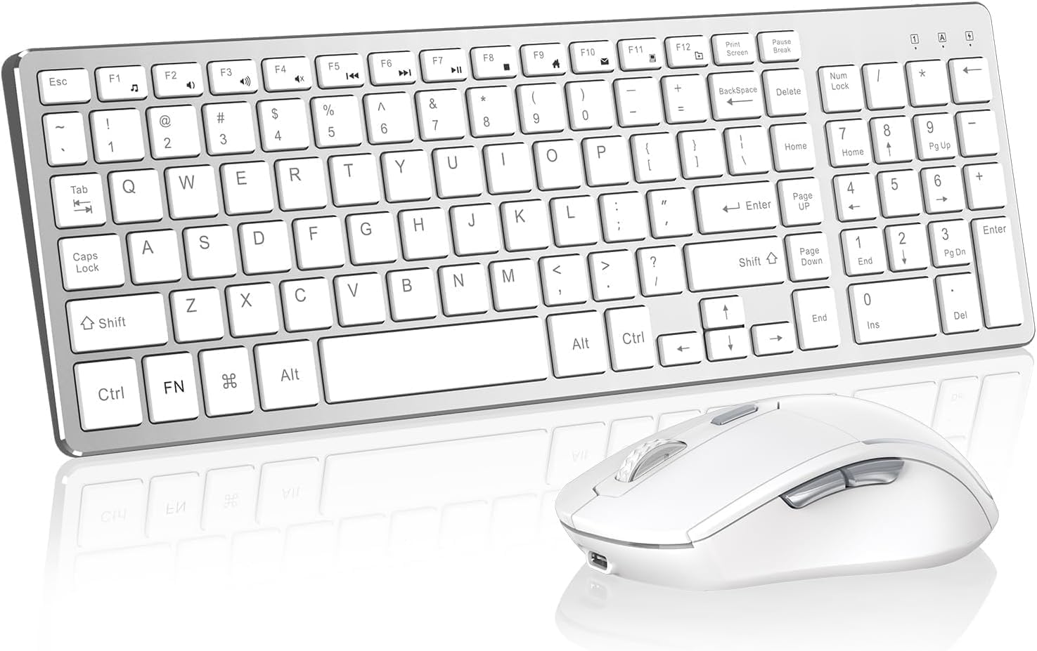 Wireless Keyboard Mouse Combo ;Compact Design with Number Pad, Rechargeable, Quiet, 2.4 GHz USB Receiver, Slim Keyboard and Ergonomic Mice Set for Windows Computer Desktop PC Laptop -Silver White