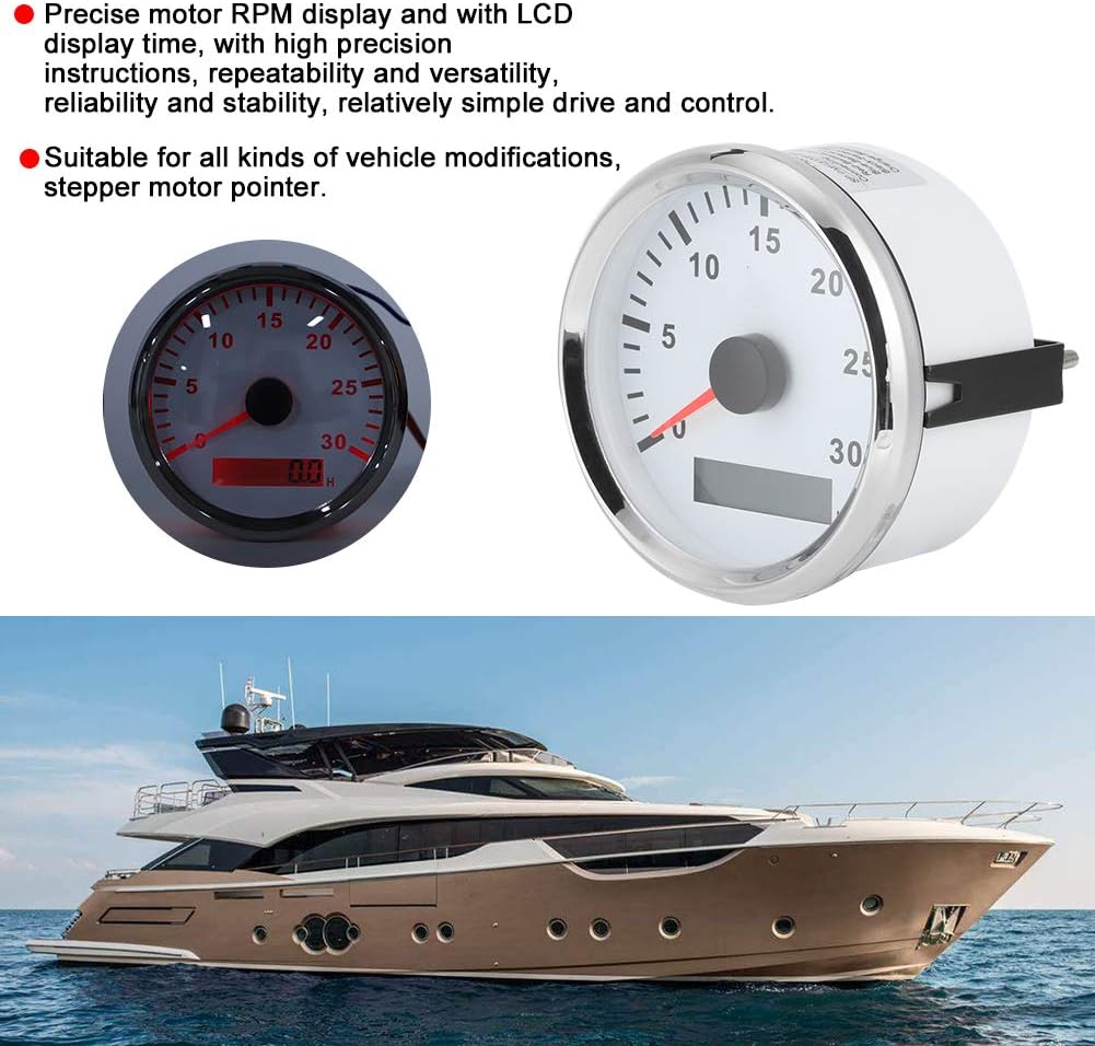 Acouto Boat Tachometer 85mm/3.3in Boat Tachometer Sensor IP67 Tacho Gauge 12V/24V Red Light with LCD Display Service Hour Meter 3000 RPM(Silver Frame White Dial)