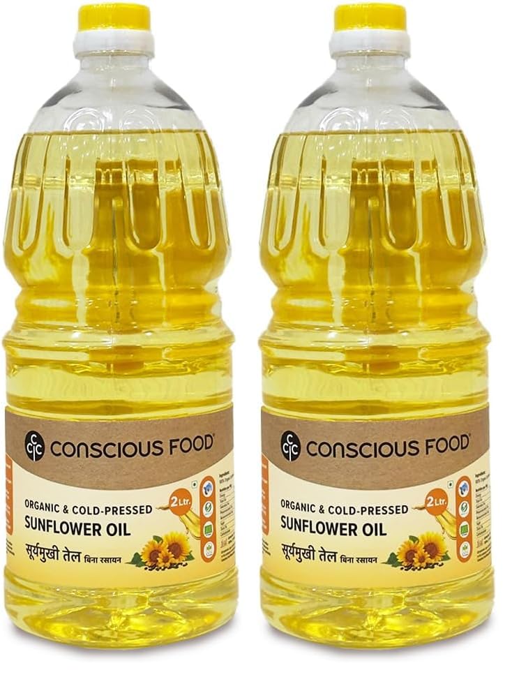 Image of Conscious Food Cold Pressed Sunflower Oil | 2 litre | Certified Organic | PET Bottle | Cooking Oil | High in Antioxidants, Delicious & Healthy (Pack of 2)