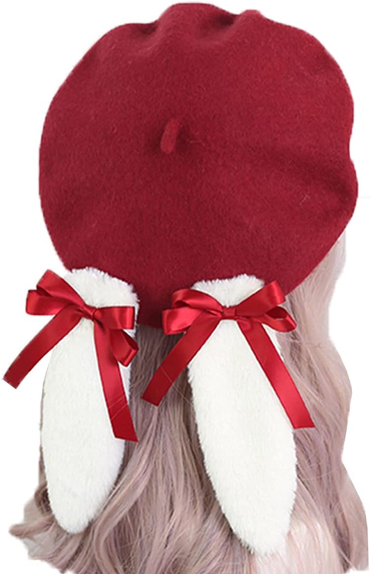 Lolita Beret Hats for Women Cute Bunny Ears Removable Soft Wool Warm Winter Hat White Pink Black