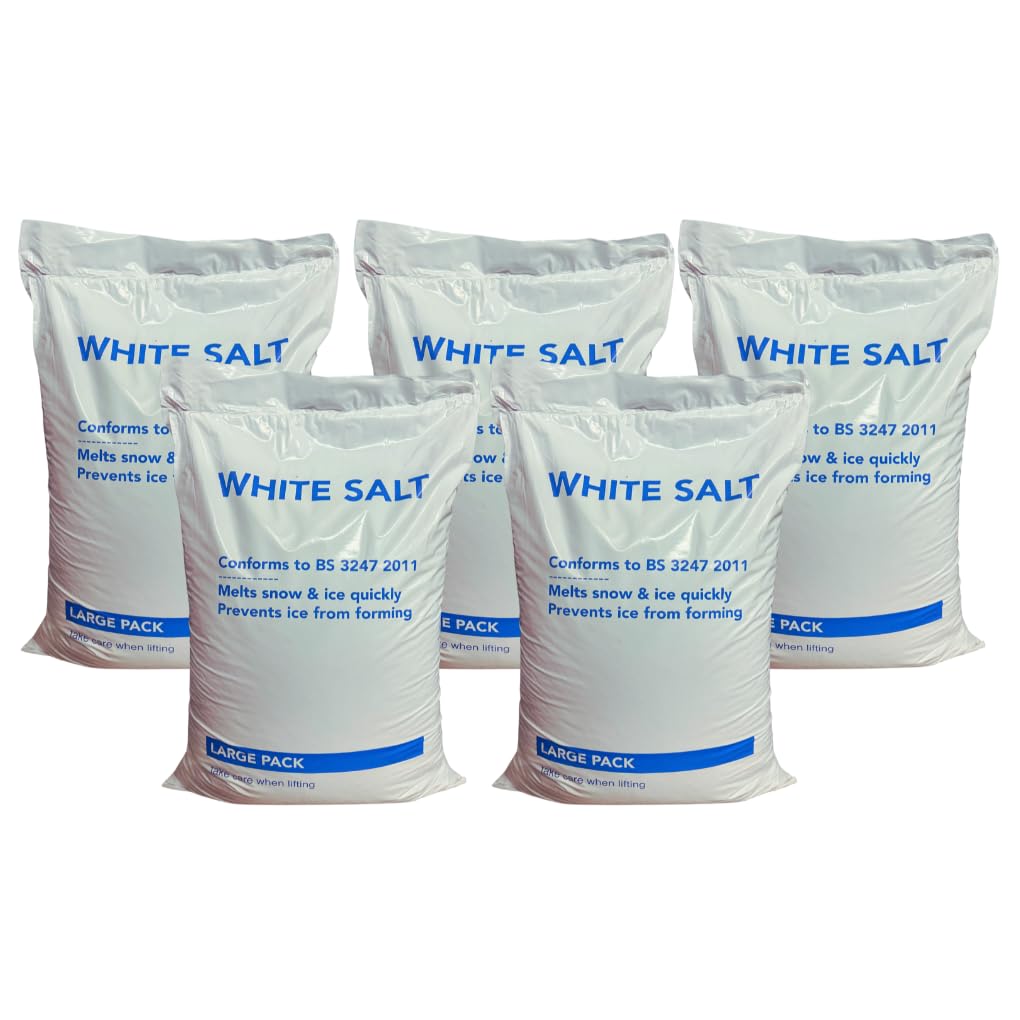 Winter Shield® 5 x 25KG White De-Icing Rock Salt, Premium Quality, Fast-Acting, Effective on Snow and Ice, Safe for Driveways, Pathways, Roads & More (5 Bags of 25KG)