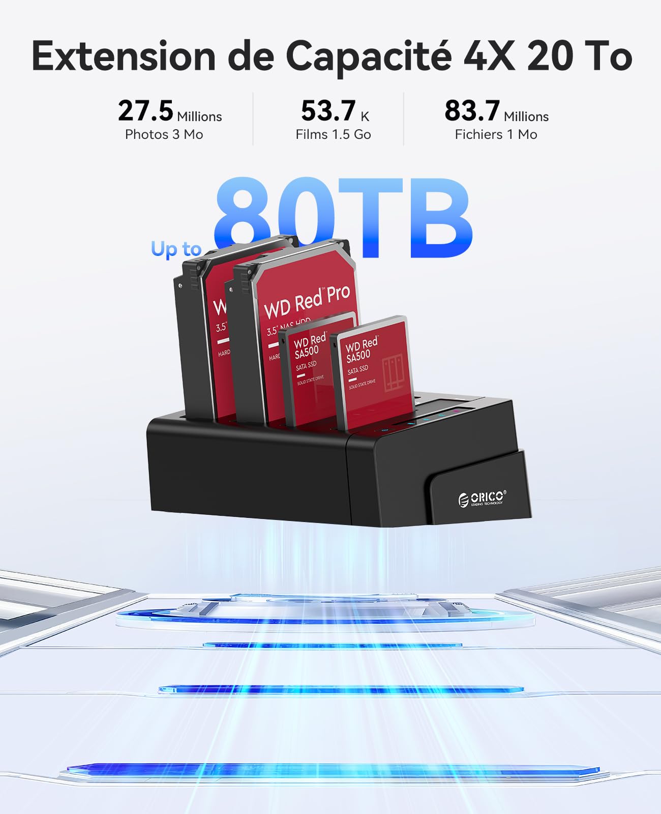 ORICO 4-bay USB 3.0 Hard Disk Docking Station da 2,5 e 3,5 Pollici Disco Rigido, Dock HDD con Non in Linea Clone Funzione, con Adattatore di alimentazione 12V6.5A (6638US3-C)