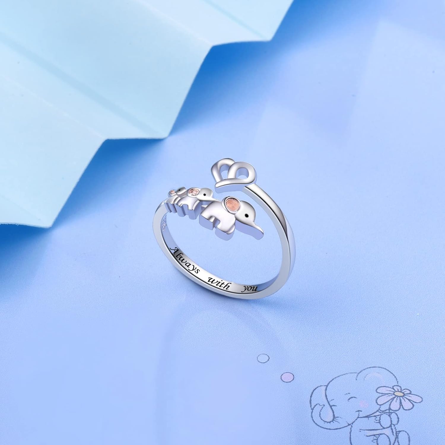 925 Sterling Silver Elephant Ring Mother Daughter Open Love Ring Rose Gold Heart Finger Adjustable Engraved Rings Jewelry for Women Wife Mom Nana