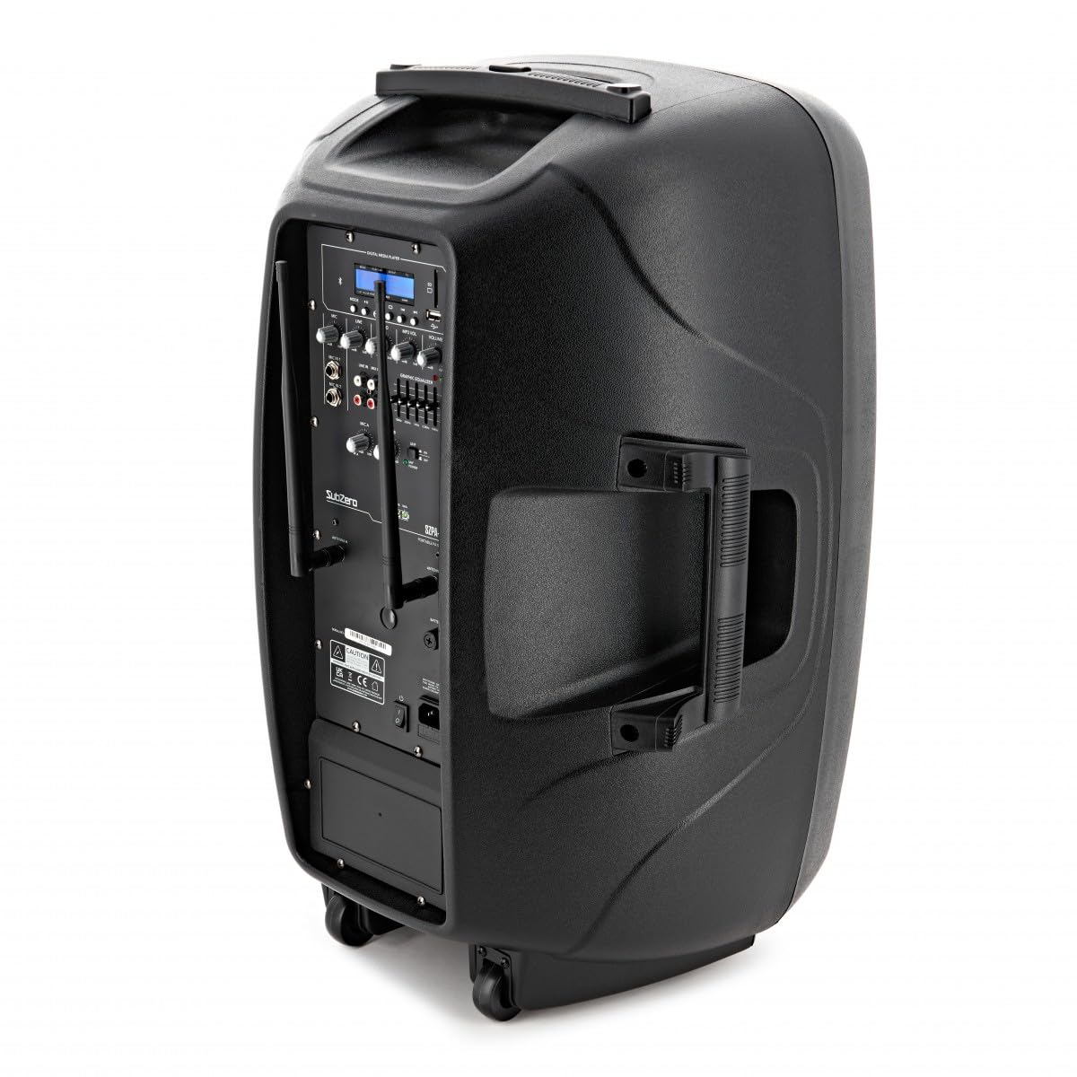 SubZero P15 Tragbarer PA-Lautsprecher mit Bluetooth und Funkmikrofonen | Bis zu 4 Stunden Akkulaufzeit, Trolley-Design mit Rollen, Mediaplayer mit USB, SD und Bluetooth