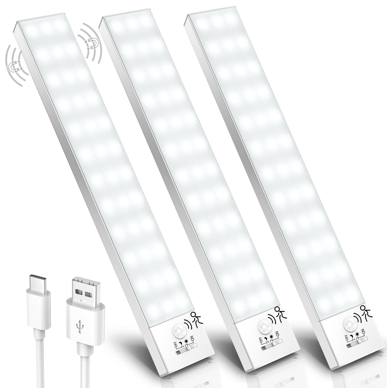 Ylatoial 5000K Cabinet Lights Motion Sensor, 36Led 1000Mah Under Cupboard Kitchen Lights Rechargeable Under Counter Light Magnetic Wireless Light For Stairs, Closet, Hallway, Kitchen -3 Packs