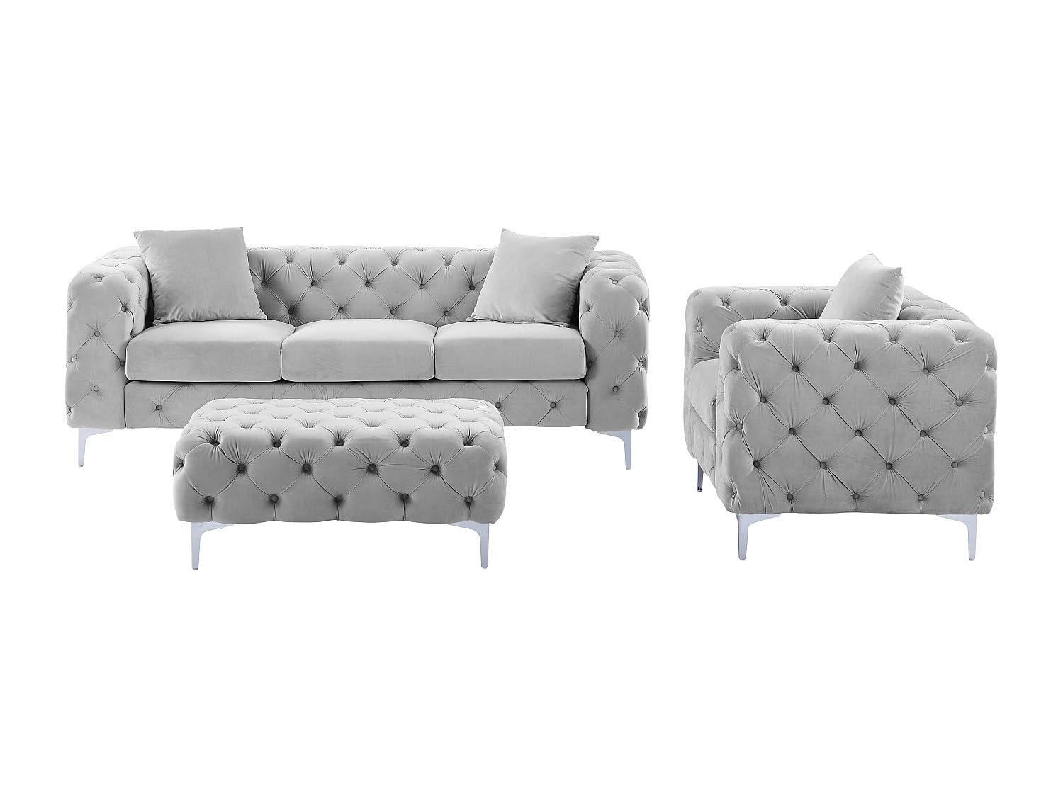 Vente-unique - Canapé 3 Places, Fauteuil et Pouf Chesterfield en Velours Gris Clair Edwina