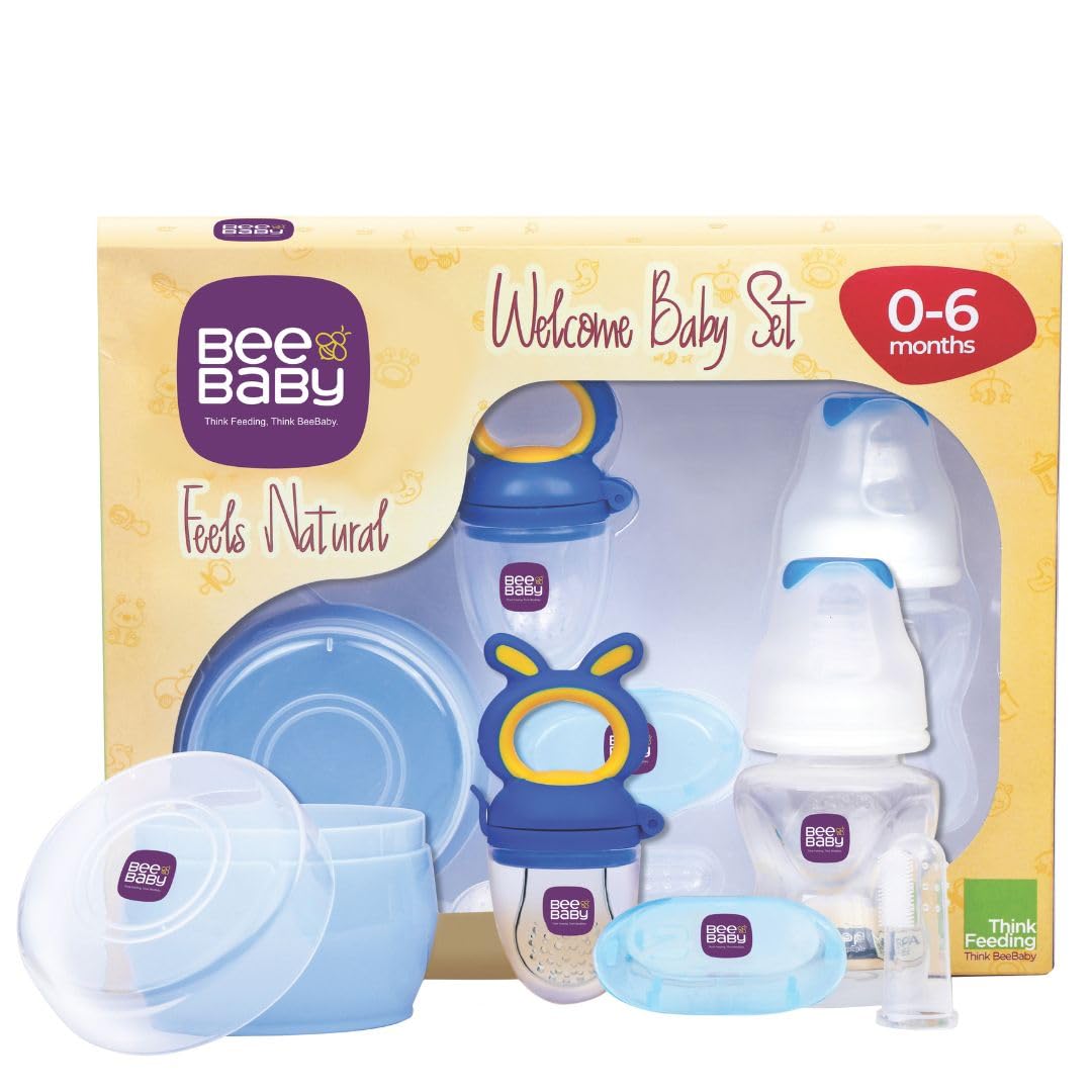 BeeBaby Premium Welcome Baby Gift Set for Newborn Infants. Perfect for Birthday Gift Set or Stater kit with Powder Puff | Nibbler Fruit Feeder | Finger Brush and Feeding Bottle. (Blue) 0 Months+-image-7