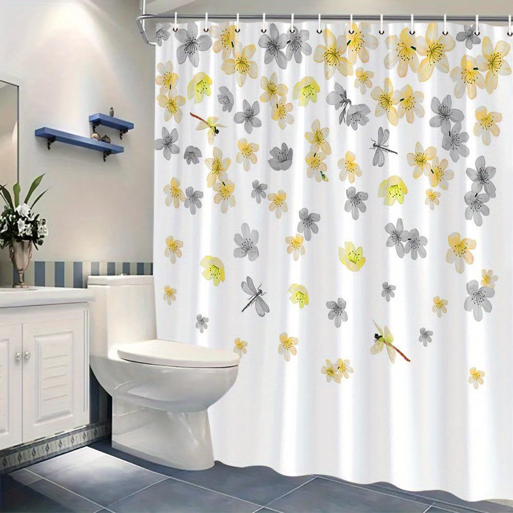 Rideau de douche imperméable aquarelle jaune et gris lavable avec 12 crochets