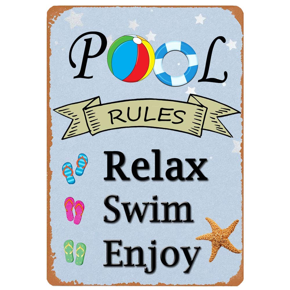 Lawenp Pool Rules Relax Swim Enjoy Summer Vintage Wall Decor Bar Decor Aluminum Sign for Home Kitchen Bar Funny Sarcastic Metal 8 x 12 Inches Tin Sign