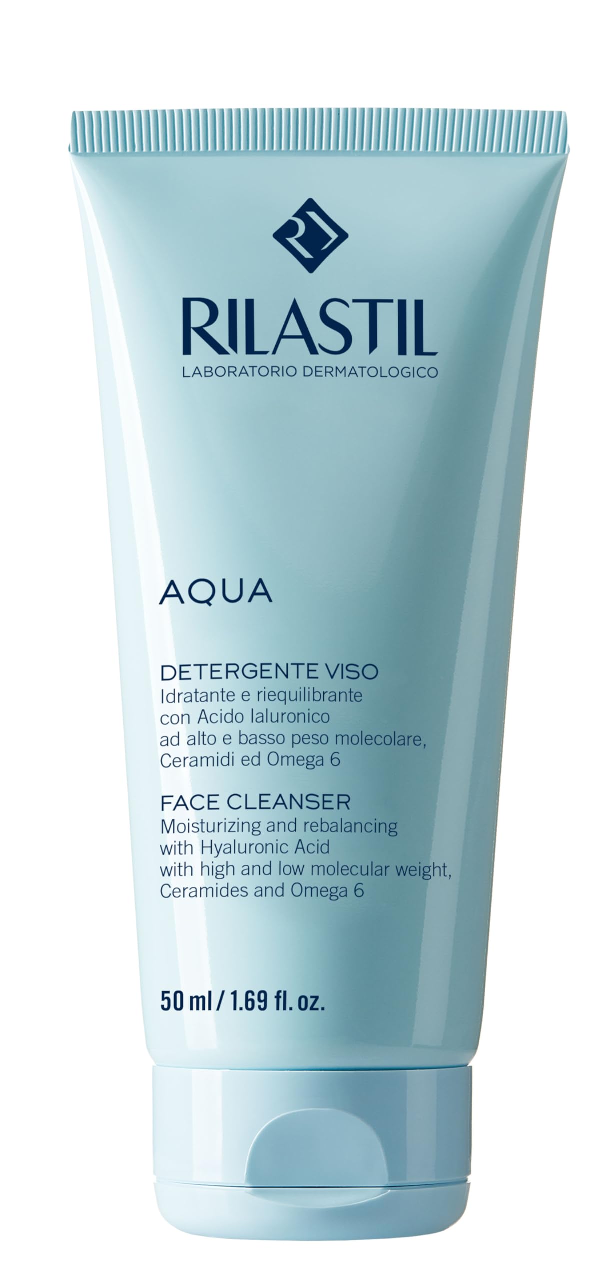 Rilastil Aqua Detergente Viso con Acido Ialuronico, Idratante e Riequilibrante, Adatto a Tutti i Tipi di Pelle, Confezione da 50 ml