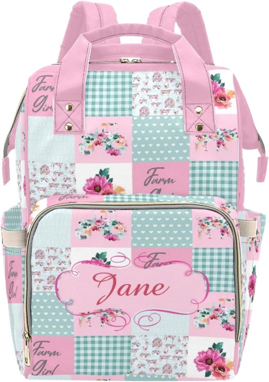Custom Floral Pink Baby Diaper Bag with Name – Personalized Nursing Travel Tote Backpack for Mom or Dad, Custom Name Baby Daypack Gift