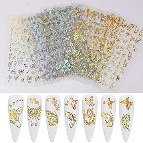 Mocossmy Butterfly Nail Art Stickers, 8 Sheets Gold Silver 3D Simulation Butterfly Foil Nail Decals Self Adhesive Holographic Laser Glitter Nail Stickers for Women Girls DIY Acrylic Manicure Decoration